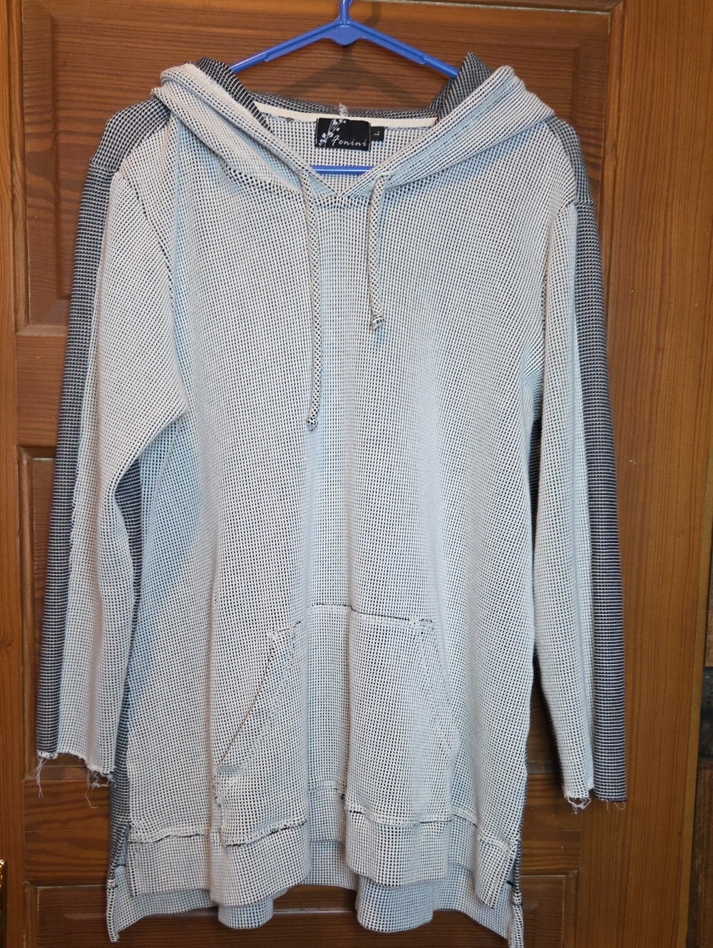 Women's Black And White Hooded Thermal Pullover with Raw Edge Cuffs